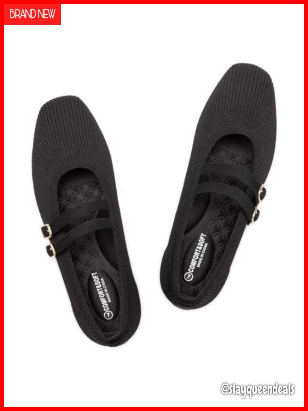 Women's Square Toe Mary Jane Flats with Strap Comfortable Knit Slip On Dressy